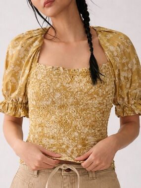 Anthropologie Gold Smocked Puff Sleeve Crop Top NWT
